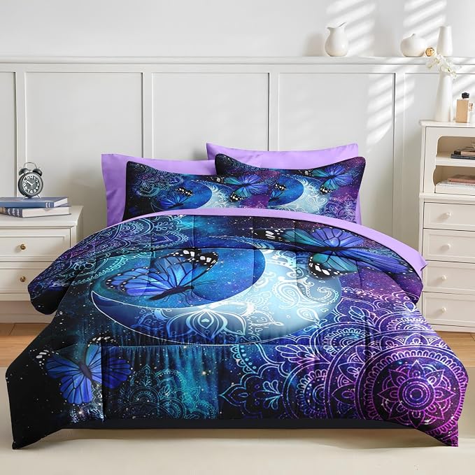 Nesker 7 Pcs Comforter Set Queen Size, Dream Butterflies Floral Bedding Set for Kids and Adults, Fantasy Starry Moon Bed Sheet Sets with Fitted Sheet 2 Pillowcases & 2 Shams