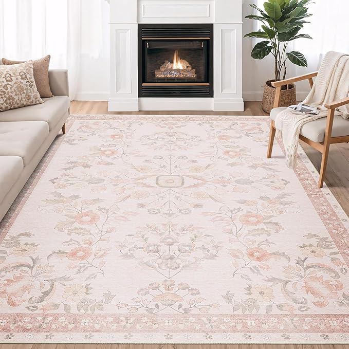 MUJOO 5x7 Area Rugs Washable,Pink Floral Rugs for Living Room Bedroom Dining Room Playroom,Boho Indoor Floor Rug Large Non Slip Throw Carpet Low Pile Vintage