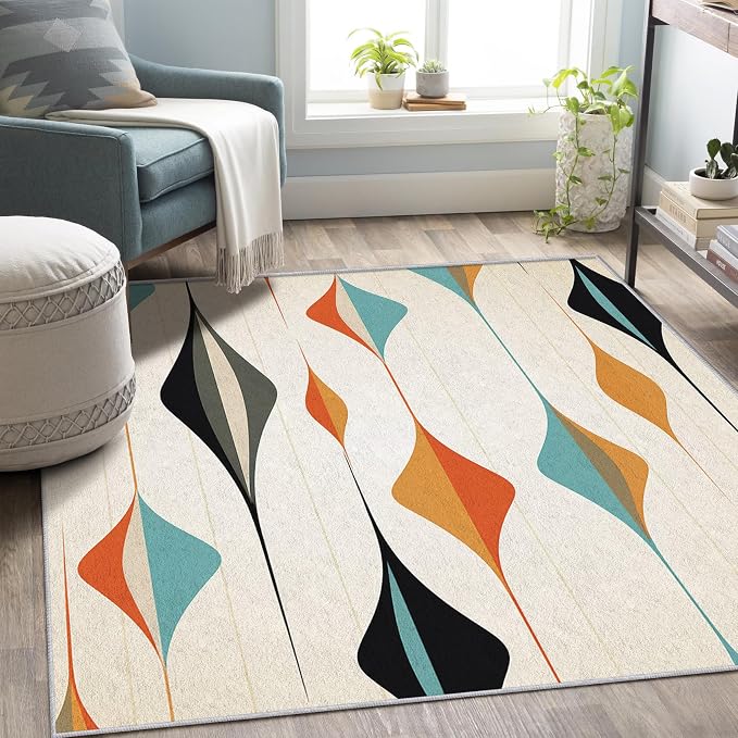 Mid Century Modern Rug 5x7, Washable Retro Geometric Rugs for Living Room Bedroom, Minimalist Area Rug for Home Decor, Non Slip Backing Floor Carpet with Gripper - 5 x 7 ft