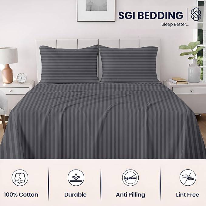 SGI bedding 100% Egyptian Cotton Sheets RV King Size – 600 Thread Count Sheets Set, Soft, Cooling, 15" Deep Pocket, Luxury Hotel Bedding, Breathable, Durable - Dark Grey Stripe