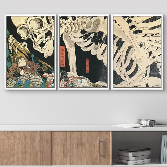 wall26 Framed Wall Art Print Set Witch & Skeleton Ukiyo-E by Utagawa Takiyasha Historic Cultural Illustrations Fine Art Chic Scenic Multicolor for Living Room, Bedroom, Office - 24"x36"x3 White