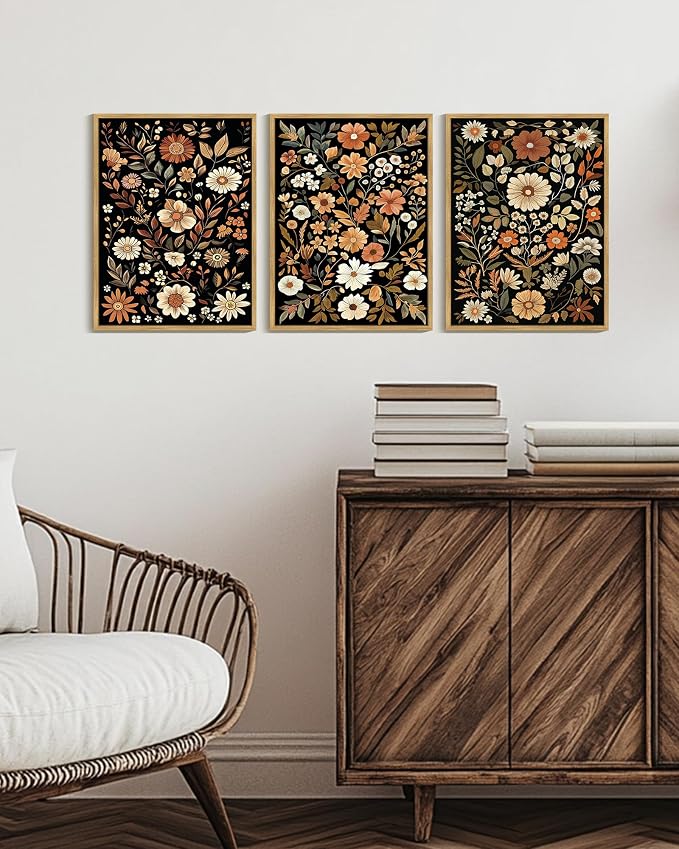 KUVIOKE Orange Vintage Flower Framed Wall Art Boho Floral Wall Decor Retro Wildflower Modern Art Prints for Living Room Bedroom 12x16in (Natural Framed)