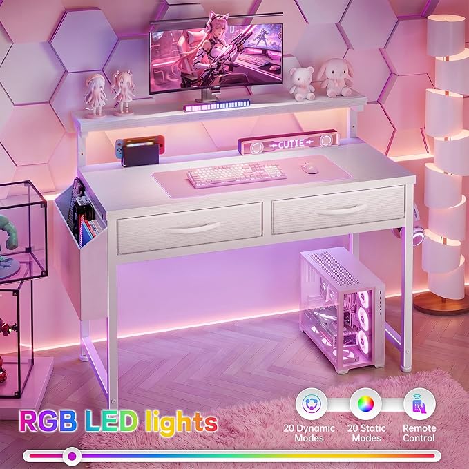DurayLoly 32" Computer Desk with 2Drawers and Side Pocket for Teenagers,Office Desk with Monitor Stand and LED Lights, Study Writing Table with Anti-Tip Design for Small Spaces,Glacier White