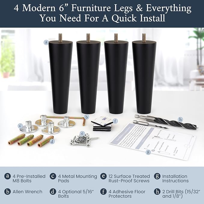 Airy Abode Premium Black Wood Furniture Legs (Full Install Kit) - Pick Your Size and Color