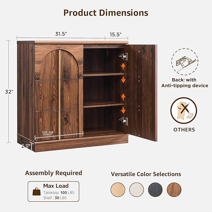 ACCOHOHO Buffet Cabinet with Storage&Arched Doors,31.5 Inch Wood Sideboard with Adjustable Shelf,Modern Coffee Bar Tables Accent Cabinets for Living Room,Kitchen Or Entryway (Brown, 1 Piece)