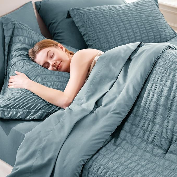 CozyLux Oversized Queen Comforter Set with Sheets, 7 Pieces 98"x98" Mineral Blue Seersucker Bed in a Bag, Luxury Bedding Sets with Down Alternative Comforter, Sheets, Pillowcases & Shams, Home Gift