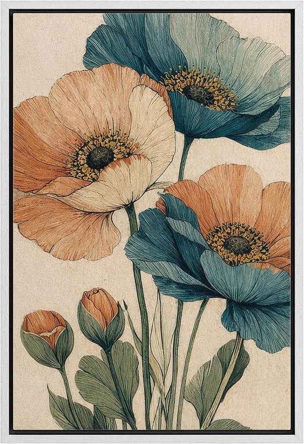 Woodrose Framed Canvas Print Wall Art Vintage Poppy Flowers Botanical Illustrations Modern Art Minimalist 3D Colorful Ultra for Living Room, Bedroom, Office - 24"x36" WHITE
