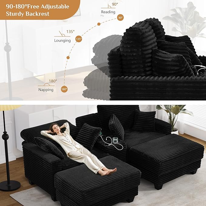 Oversized Chaise Lounge Chair Indoor with Storage & USB, Cup Holder & Ottoman, Firm Solid Wood Frame with Long Service Life Corduroy Oversized Lounge Reading Chair for Large Study Room - Jet Black