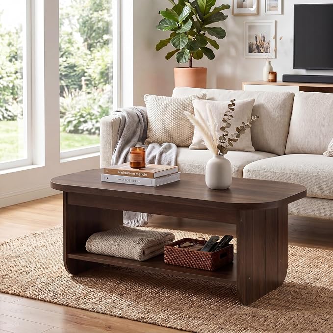 Giantex Oval Coffee Table, 47" Mid Century Modern Center Table with Storage Shelf & Round Corner, 2-Tier Accent Cocktail Tea Table, Wood Coffee Table for Living Room, Small Spaces (Espresso)