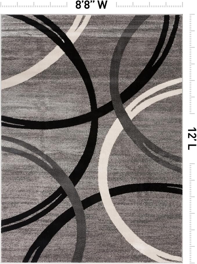 Rugshop Wavy Circles Design Area Rug, Fade-Resistant Carpet for Living Room, Dining Room, or Office,Grand Room,Open Spaces Gray, 8'8" x 12'