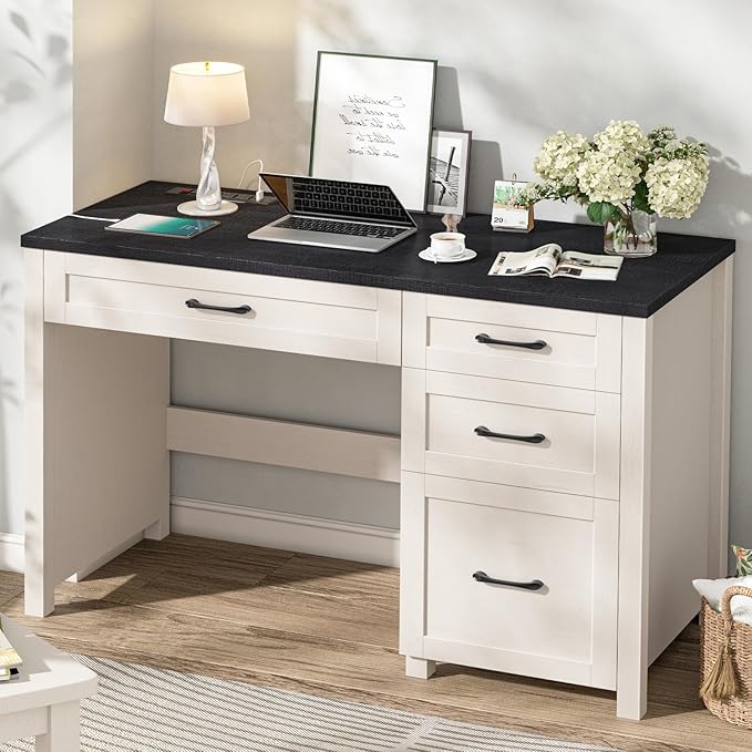 Vabches Farmhouse 47" Executive Desk with 4 Drawers, Computer Desk with File Drawer and Charging Station, Workstation for Home Office, Study.（Black）