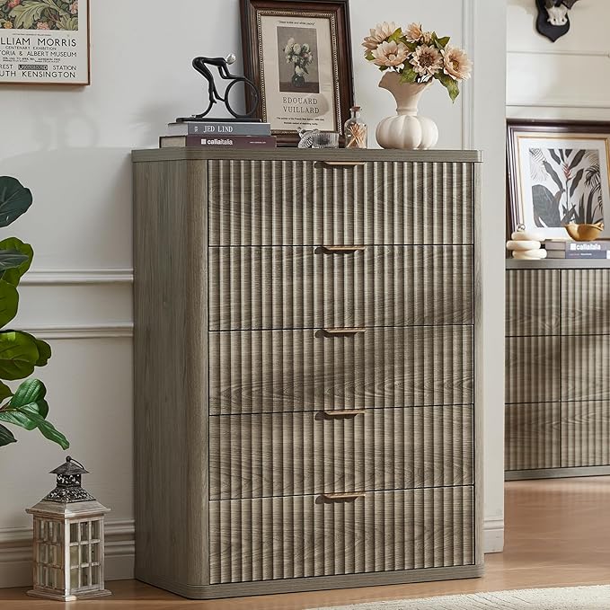LEYAOYAO Fluted 5 Drawers Dresser Set of 2, 41" Tall Modern Chest of Drawers with Metal Handle, Curved Profile Dresser TV Stand, Wooden Drawer Organizer for Bedroom, Living Room, Hallway,Grey