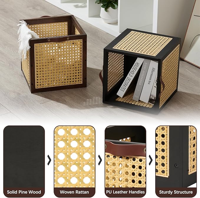 Rattan Storage Cubes Wooden Storage Baskets Boxes Decorative Natural Handmade Bohemian Solid Wood Woven Wicker Cane Bin Closet Shelf Clothes Organizer Books Magazine Holder (Black)