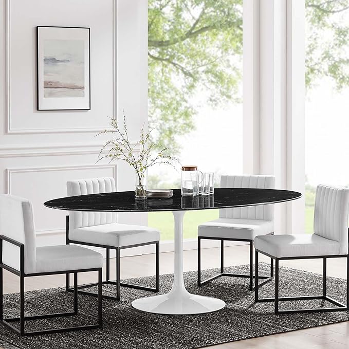 Modway Lippa Oval 78" Artificial Marble Mid-Century Modern Dining Table in White Black