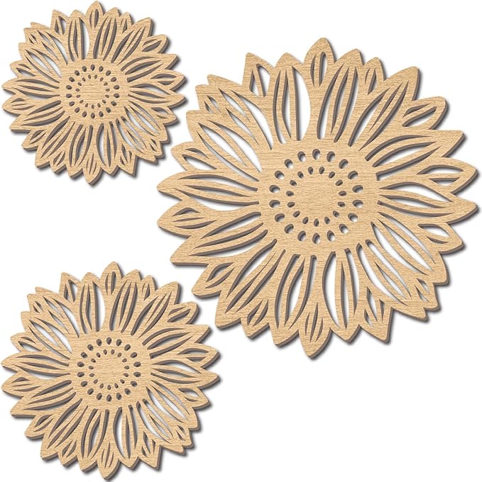 CREATCABIN 3Pcs Flowers Wood Wall Decor Wooden Sunflower Wall Art Decoration Hanging Set Hollowing Out Round Flower Sculpture Laser Cut Wooden Sign Ornament for Home Bedroom Gallery Office