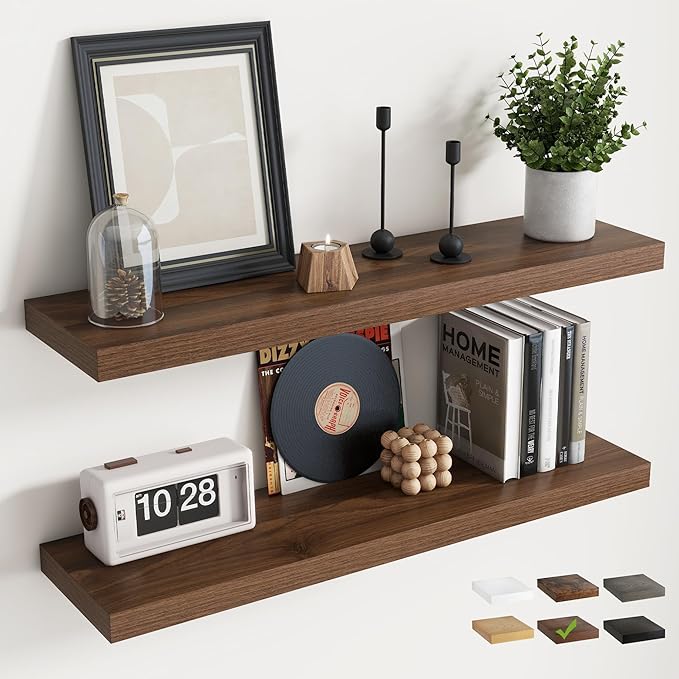 Floating Shelves for Wall with Invisible Brackets, Wall Mounted Engineered Wood Shelves with Wood Grain for Living Room, Bedroom, Bathroom, Kitchen Decor and Storage, Oak, 24"L Set of 2, Walnut