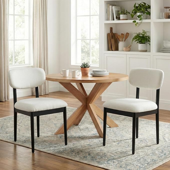 Casaphoria Upholstered Dining Chairs Set of 2, Mid-Century Modern Kitchen Chairs with Solid Wood Legs & Thick Cushion, Ergonomic Fabric Accent Chairs for Dining Room, Vanity & Office, White and Black
