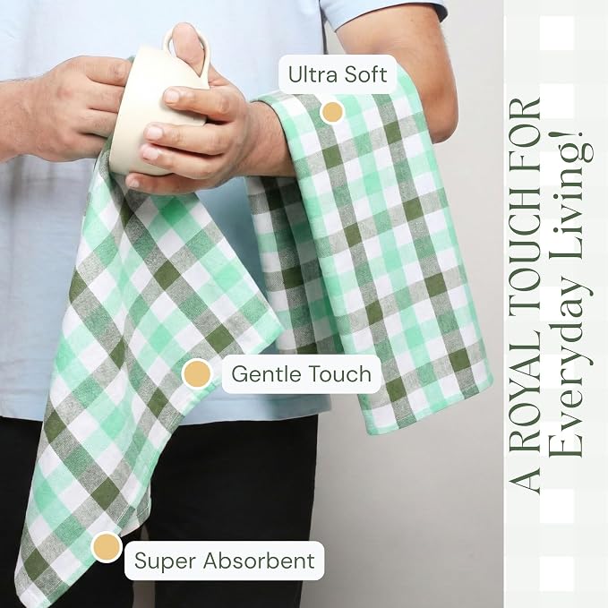Checked Kitchen Towels 4 Pack, 18"x26", 100% Cotton, Absorbent Dish Towels for Kitchen Drying, Reusable Dishcloths for Cleaning, Quick Dry Wash Rags - Mint Green, Aqua Green, White