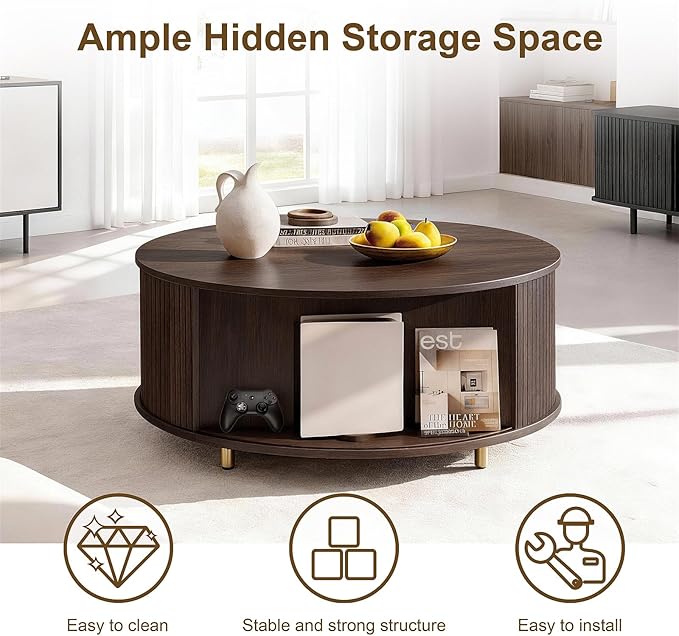 DHH Round Coffee Table, 31.5" Mid Century Modern Coffee Table with 360° Sliding Tambour Door, Fluted Accent Coffee Table with Storage Adjustable Footpads for Living Room (Coffee)