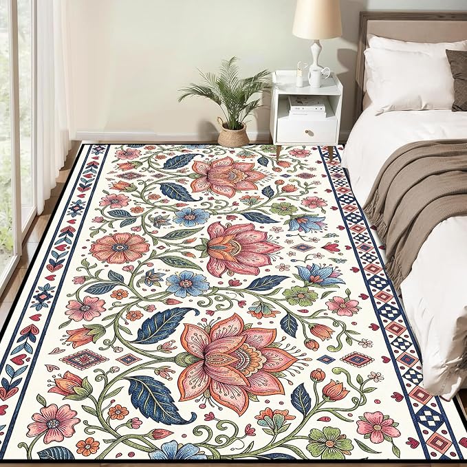 4'x6' Boho Floral Area Rug Vintage Colorful Botanical Carpet Non-Slip Washable Rugs for Bedroom Living Room Nursery Kitchen Playroom Home Decor
