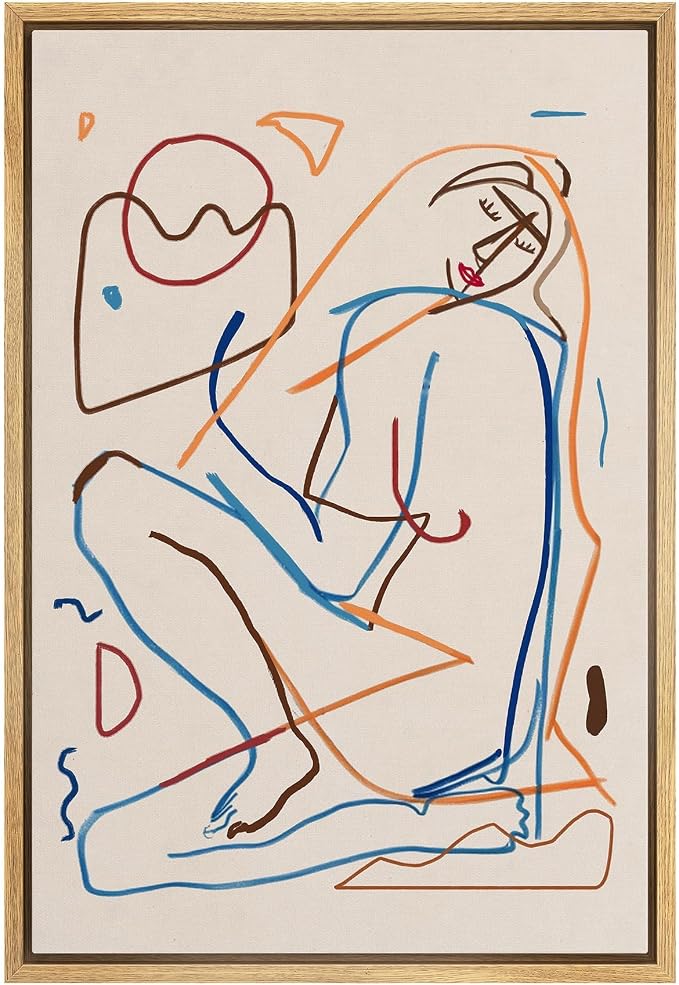 MUDECOR Framed Canvas Print Wall Art Minimalist Modern Abstract Line Drawing of a Reclining Woman Illustrations Modern Art Minimal Relax for Living Room, Bedroom, Office - 16"x24" Natural