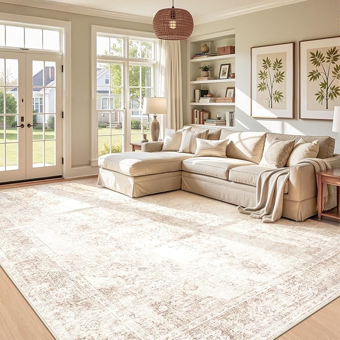 Area Rug 9x12 Vintage Rug: Large Washable Indoor Medallion Rugs Low Pile Distressed Floor Carpet Retro Accent Rug for Living Room Bedroom Kitchen Dining Table Home Office(Retro Beige, 9'x12')