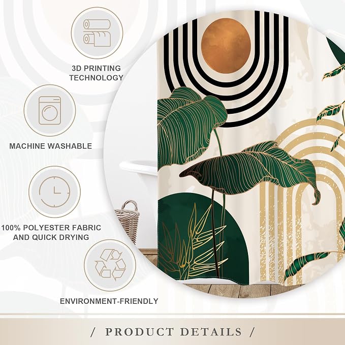 Glawry Green Boho Mid Century Shower Curtain Extra Long Abstract Retro Tropical Palm Tree Plant Sun Arch Minimalist Bathroom Modern 72Wx96L Inches Bath Accessories Art Home Decor Fabric 12 Pack Hooks