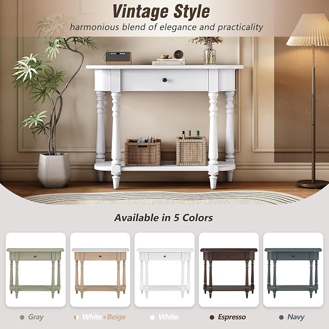 SOFTSEA Curved Corner Console Table with Drawer, 36" Entryway Table with Open Storage Shelf, Retro Curved Enterway Table with Storage, Save Space, White