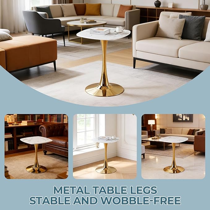 24" Square Tulip Dining Table, White & Gold Modern Pedestal Table for 2-4, Luxury Small Dining Table for Kitchen, Apartment, Bistro, Cafe, Mid Century Modern Design