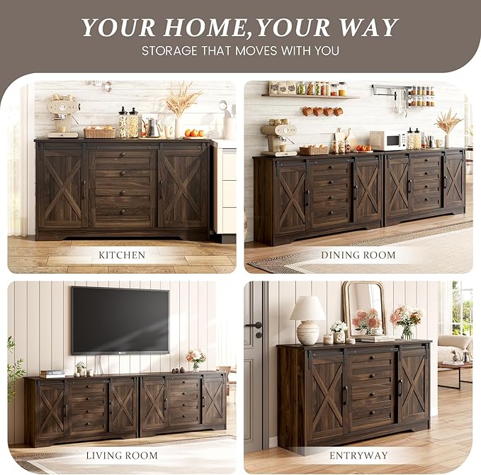 Luoxiao 55" Farmhouse Sideboard Buffet Cabinet with Storage, Sliding Barn Door Coffee Bar Cabinet with 4 Drawers and Adjustable Shelves, Wood Kitchen Credenza for Dining Room, Living Room, Dark Oak