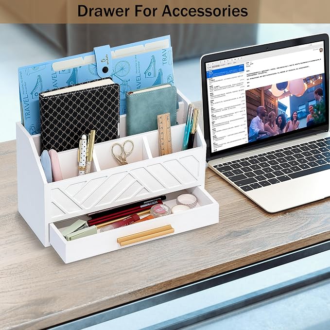 dreampossible white Wood Desk Organizer and Accessories with Drawer, Bill Mail Organizer and File Mail Holder for Office Supplies, Modern Desk Accessories & Workspace Organizers for Desk Organization