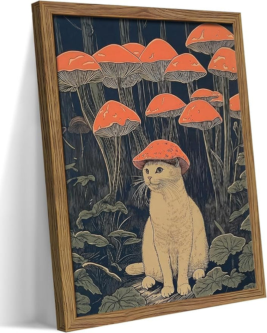 Framed Vintage Cat Wall Art, Whimsical White Cat with Mushroom Hat in Forest Canvas Print, Fantasy Quirky Woodland Animal Painting, Funny Retro Wall Decor for Living Room Bedroom Study 12x16in