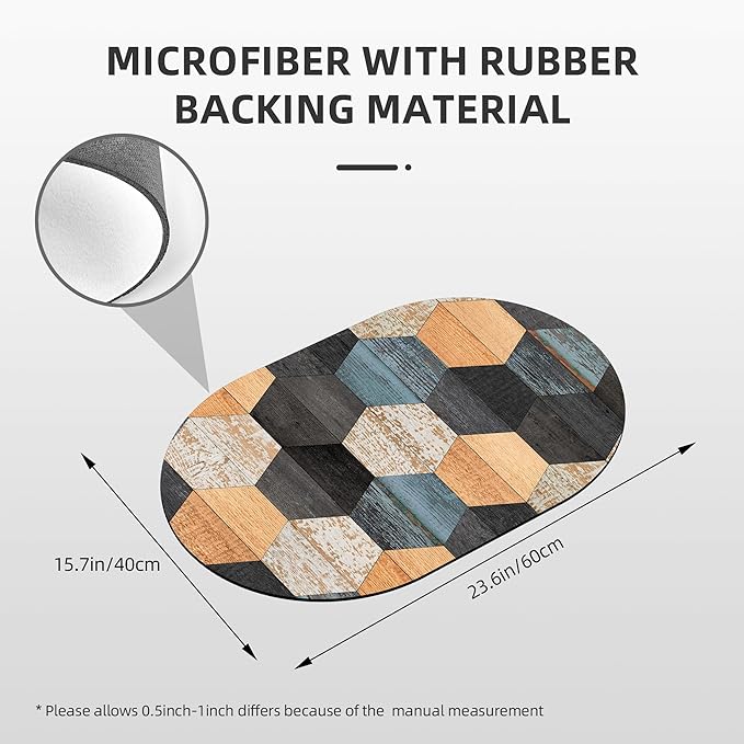 Bathroom Rug Mat Colorful Weathered Hexagonal Wood Oval Bath Mat Doormat Absorbent Quick Dry Non Slip Diatom Mud Mat for Shower Tub Sink Laundry Kitchen Doorway 23.6x15.7 Inches