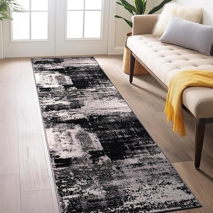 Rugshop Modern Abstract Design Non Shedding Soft Ideal for Living Room,Bedroom,Kitchen Runner Rug 2' x 7' Black