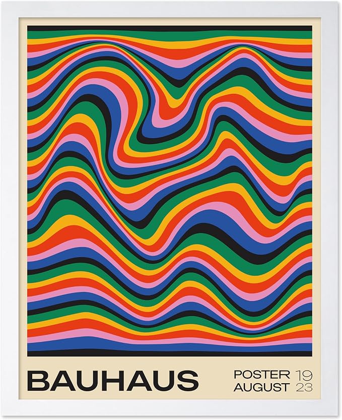 Poster Master Bauhaus Poster - Psychedelic Waves Print - Abstract ART - Rainbow ART - Groovy Style - Chic Boho - Mid Century Modern - Living Room or Bedroom Wall Decor - 16x20 White Framed