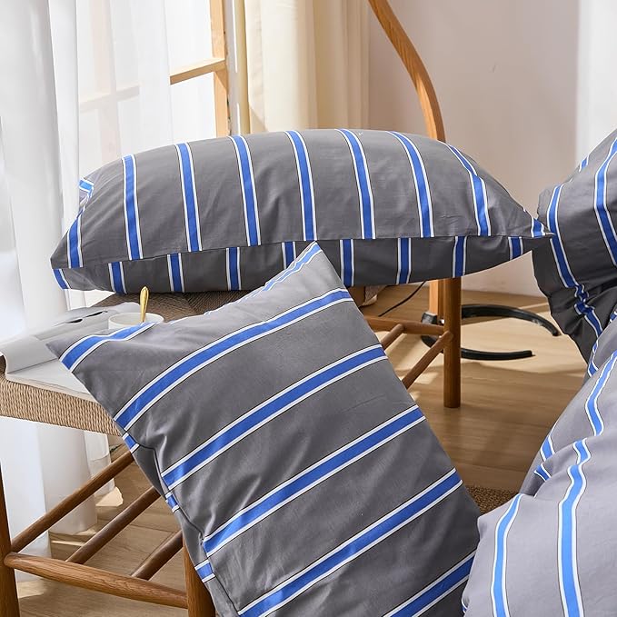 Merryword Blue and Gray Striped Duvet Cover Set Queen Size 100% Cotton Bedding Set with Modern Coastal Style Soft Breathable Linen Like Bedding Set 3 Pieces