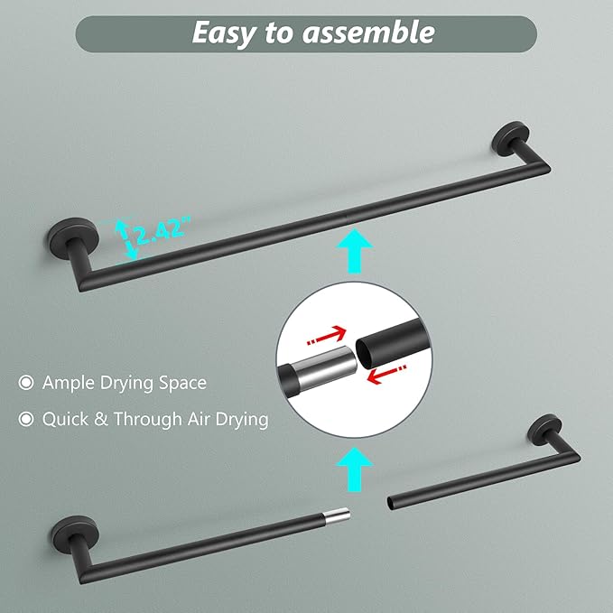 Bath Towel Bar 30 Inch Towel Rack for Bathroom Wall Mount Heavy Duty Bath Towel Holder Modern Towel Rod Black Towel Hanger Bathroom Accessories Towel Rail Stainless Steel Single Towel Bars Matte Black