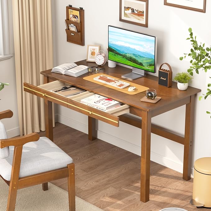100% Solid Wood Desk with Drawers - 47.2 Inch Mid Century Modern Desks, Vintage Writing Desk with Drawers, Simple Work Study Table, Home Office Desks for Bedroom & Home, Walnut Color