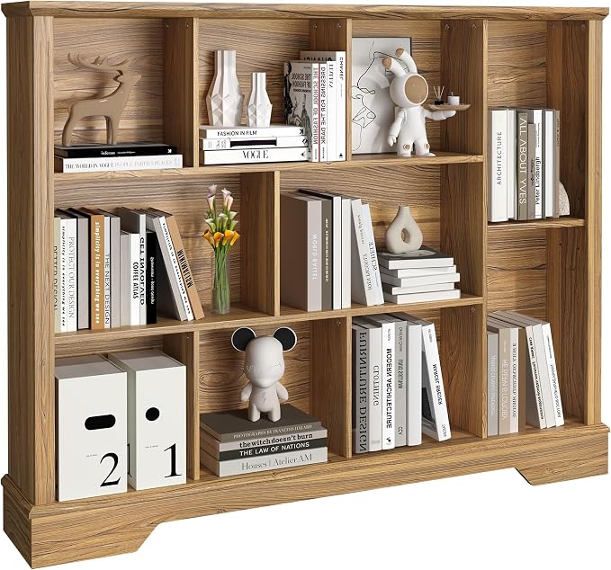 10-Cube Storage Organizer Bookshelf, 4-Tier Wooden Bookcase with Adjustable Shelf, Sturdy Cube Storage Shelf for Small Spaces, Modern Low Profile Shelving Unit for Living Room & Bedroom