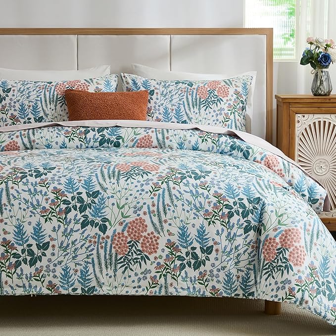 Cozeline 100% Cotton Duvet Cover King Size, Blue and Red Floral Bedding Set with Zipper Closure, 3 Pcs Breathable and Soft Botanical Duvet Cover for All Season