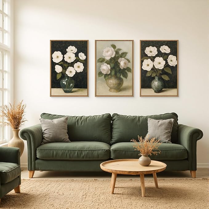FWIEXA Large Vintage Dark Floral Canvas Wall Art Set of 3,Framed Moody White Flower Wall Art,French Country Aesthetic Botanical Art Prints,Retro Wildflower Artwork for Home Living Room Bedroom 24"x36"