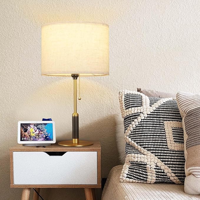 21" Set of 2 Mid Century Modern Table Lamp with Pull Chain Switch, 3-Color Bedside Lamps for Bedroom Living Room, Solid Wood/Metal/Fabric Nightstand Lamp for Home Office (Light Brown+Brass)