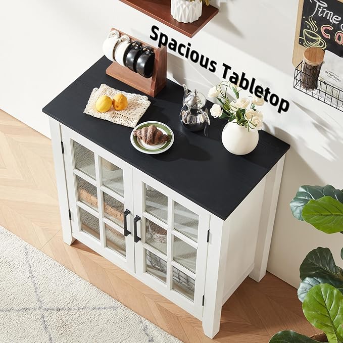 Sideboard Buffet Cabinet with Storage, 32" Farmhouse Kitchen Coffee Wine Bar Cabinet with 2 Glass Doors, Wood Mid Century Modern Side Board Table for Dining Room, Living Room, White