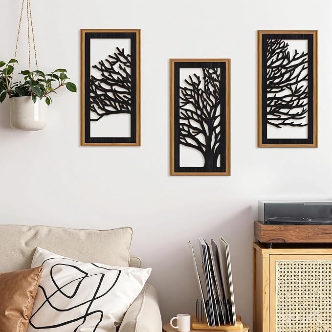 Celestdeco 3 Pcs Black Tree Wall Decor Boho Modern Nature Artwork Tree of Life Wood Wall Art Branch Silhouette Laser Art Decor for Living Room Bedroom Office 7.9 x15.8 Inch