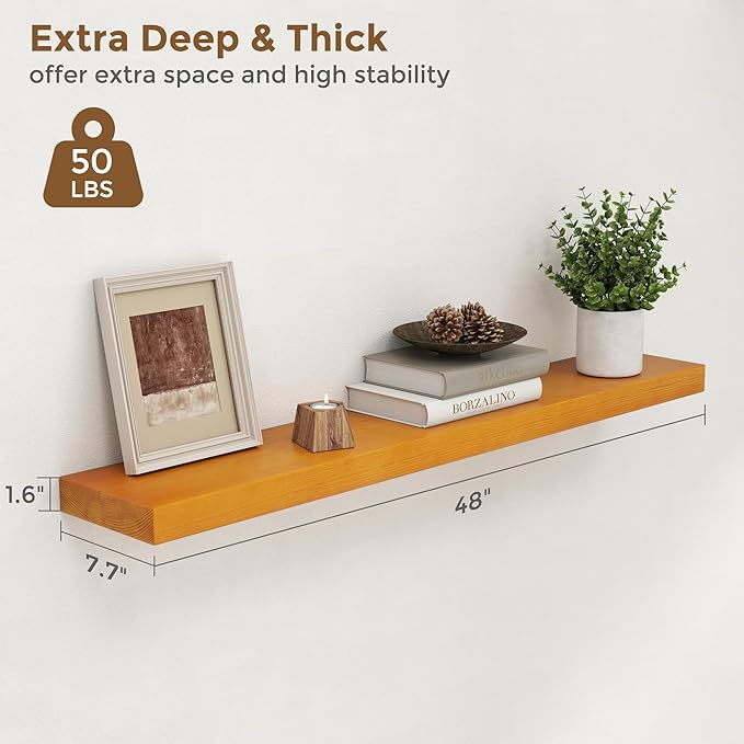 Marsmiles 48 Inch Wood Floating Shelves | Rustic Honey Oak Wall Shelves Set of 2 | 48" W x 7.7" D x 1.6" H Wooden Shelves for Bathroom Living Room Kitchen