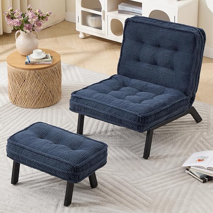 ANJ Accent Chair with Ottoman Adjustable Backrest, Blue Living Room Chair Tufted Upholstered Lounge Chair with Footrest Set, Modern Chair Cozy Reclining Chair for Reading Room Bedroom