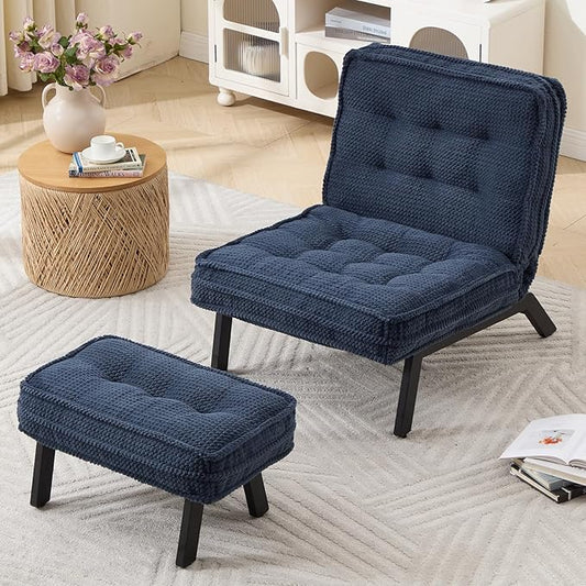 ANJ Accent Chair with Ottoman Adjustable Backrest, Blue Living Room Chair Tufted Upholstered Lounge Chair with Footrest Set, Modern Chair Cozy Reclining Chair for Reading Room Bedroom