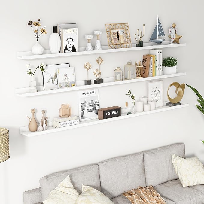 Axeman 72 Inch Floating Shelves | White Picture Ledge Shelf Set of 3 | Rustic Wood Wall Shelves with Lip | 72" White Picture Shelf for Wall with Ledge | Photo Shelves