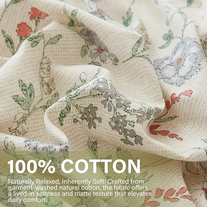 Floral Duvet Cover Set Full Size 100% Cotton Green Floral Comforter Cover 3 Pcs Lightweight Soft Aesthetic Floral Bedding Sets