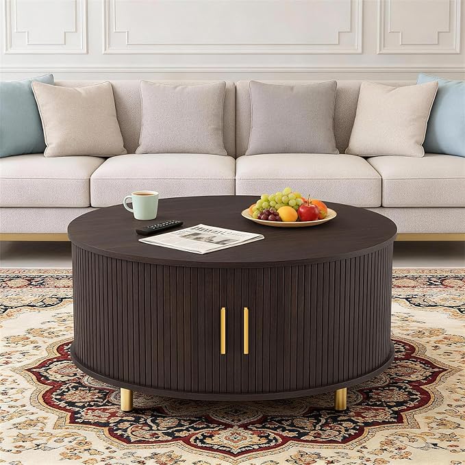 DHH Round Coffee Table, 31.5" Mid Century Modern Coffee Table with 360° Sliding Tambour Door, Fluted Accent Coffee Table with Storage Adjustable Footpads for Living Room (Coffee)